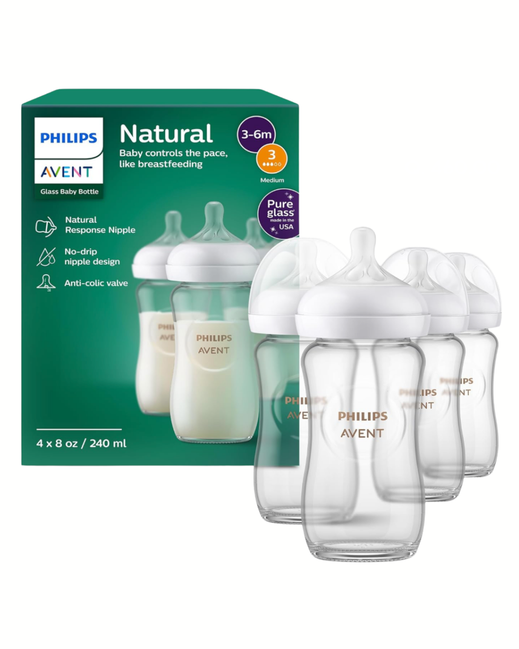 Avent Natural Reponse 3.0 Set de 4 biberones de 8 onz. de vidrio con tetina no. 3