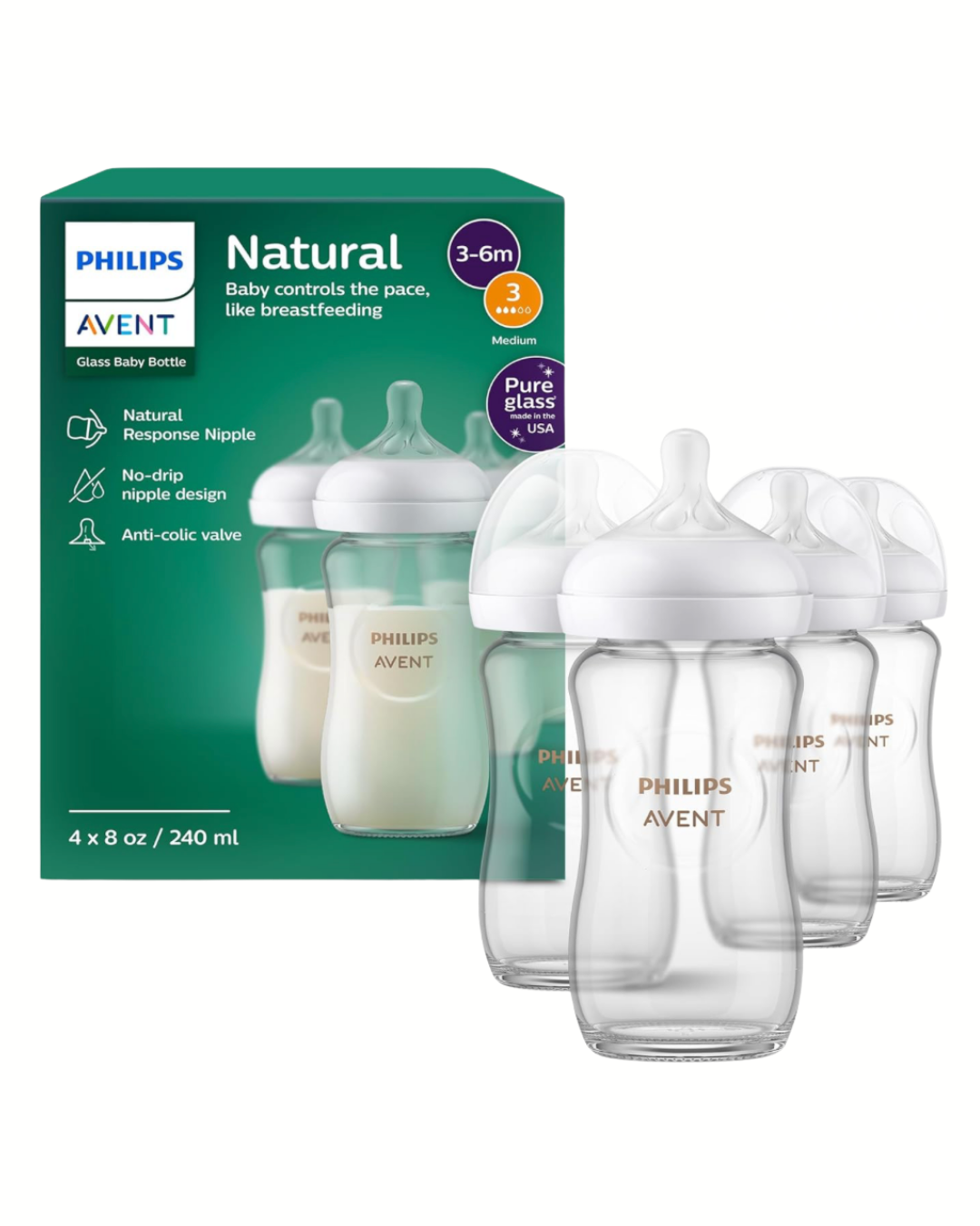 Avent Natural Reponse 3.0 Set de 4 biberones de 8 onz. de vidrio con tetina no. 3