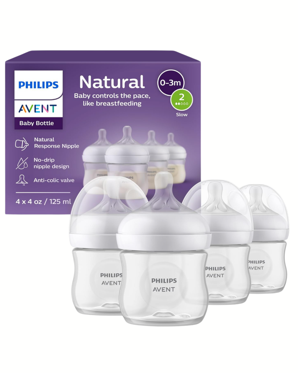 Avent Natural Reponse 3.0 Set de 4 biberones de 4 onz. con tetina no. 2, transparentes