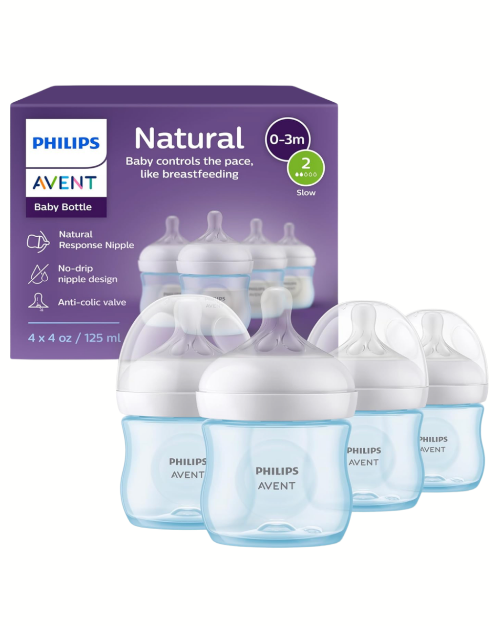 Avent Natural Reponse 3.0 Set de 4 biberones de 4 onz. con tetina no. 2, color celeste , paquete de 4