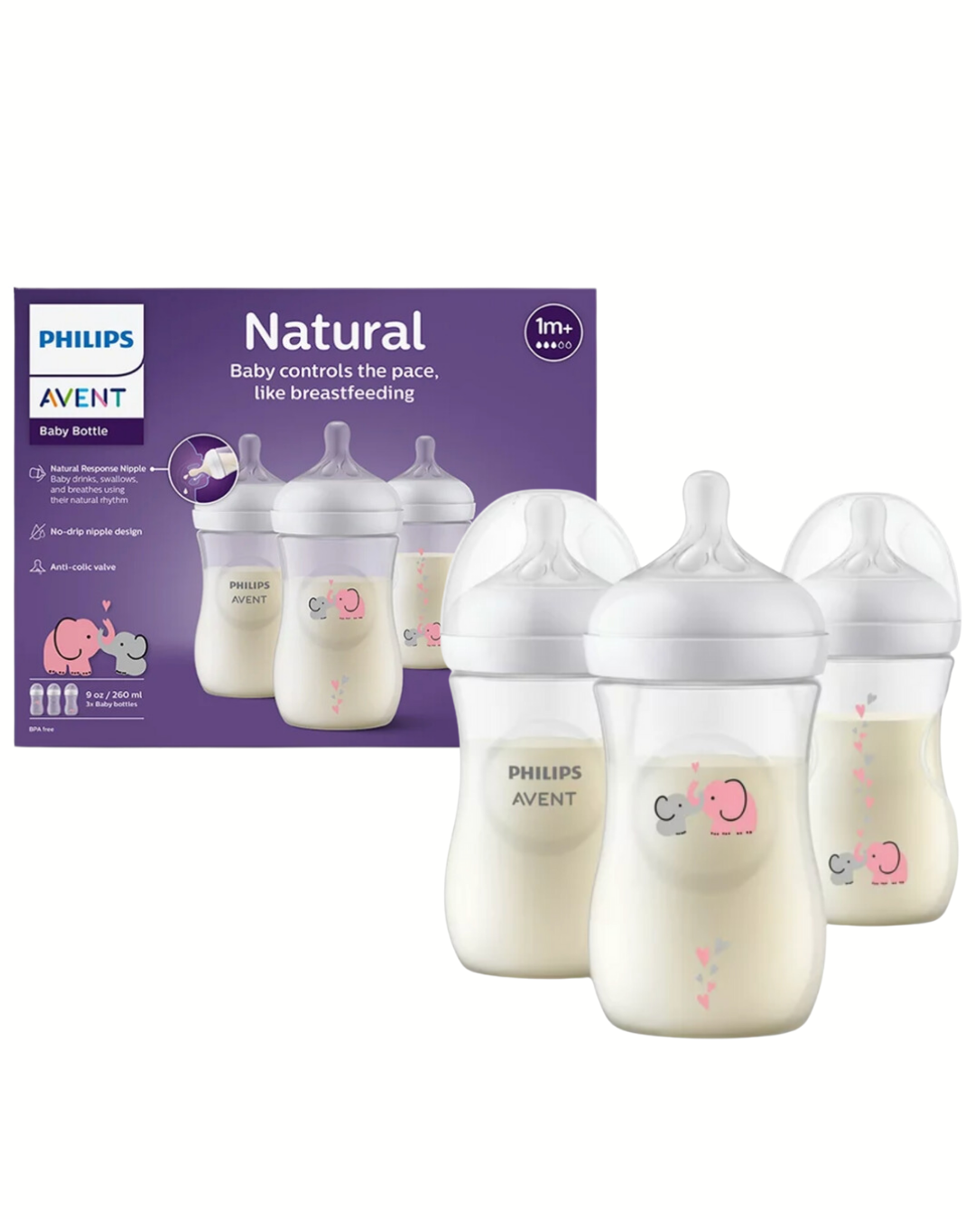 Avent Natural Reponse 3.0 Set de 3 biberones de 9 onz. con tetina no. 3, transparentea con diseño de elefante rosado