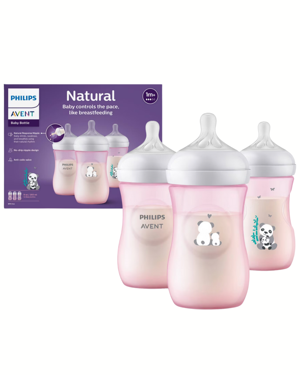 Avent Natural Reponse 3.0 Set de 3 biberones de 9 onz. con tetina no. 3, color rosado con diseño de panda