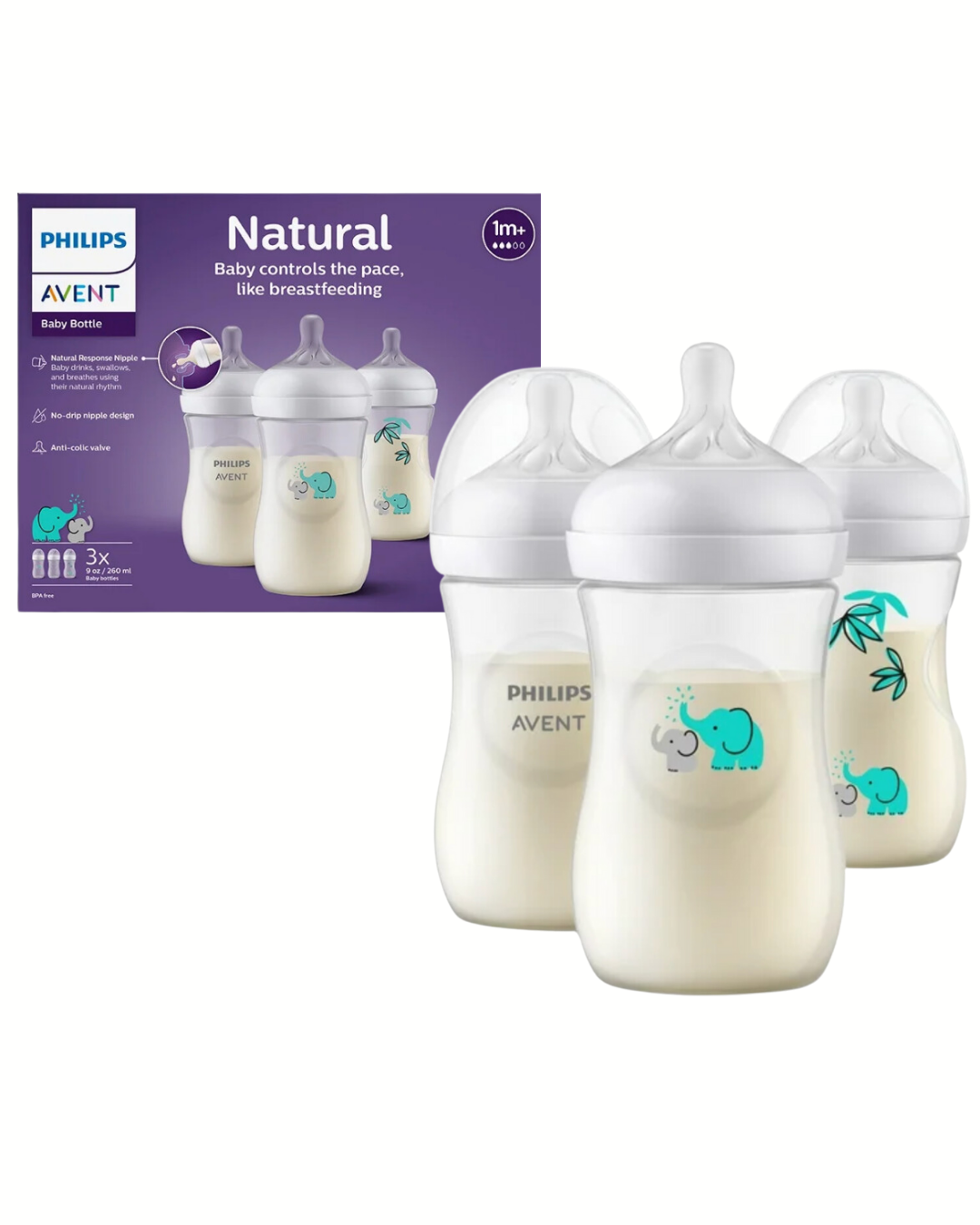 Avent Natural Reponse 3.0 Set de 3 biberones de 9 onz. con tetina no. 3, transparente con diseño de elefante verde