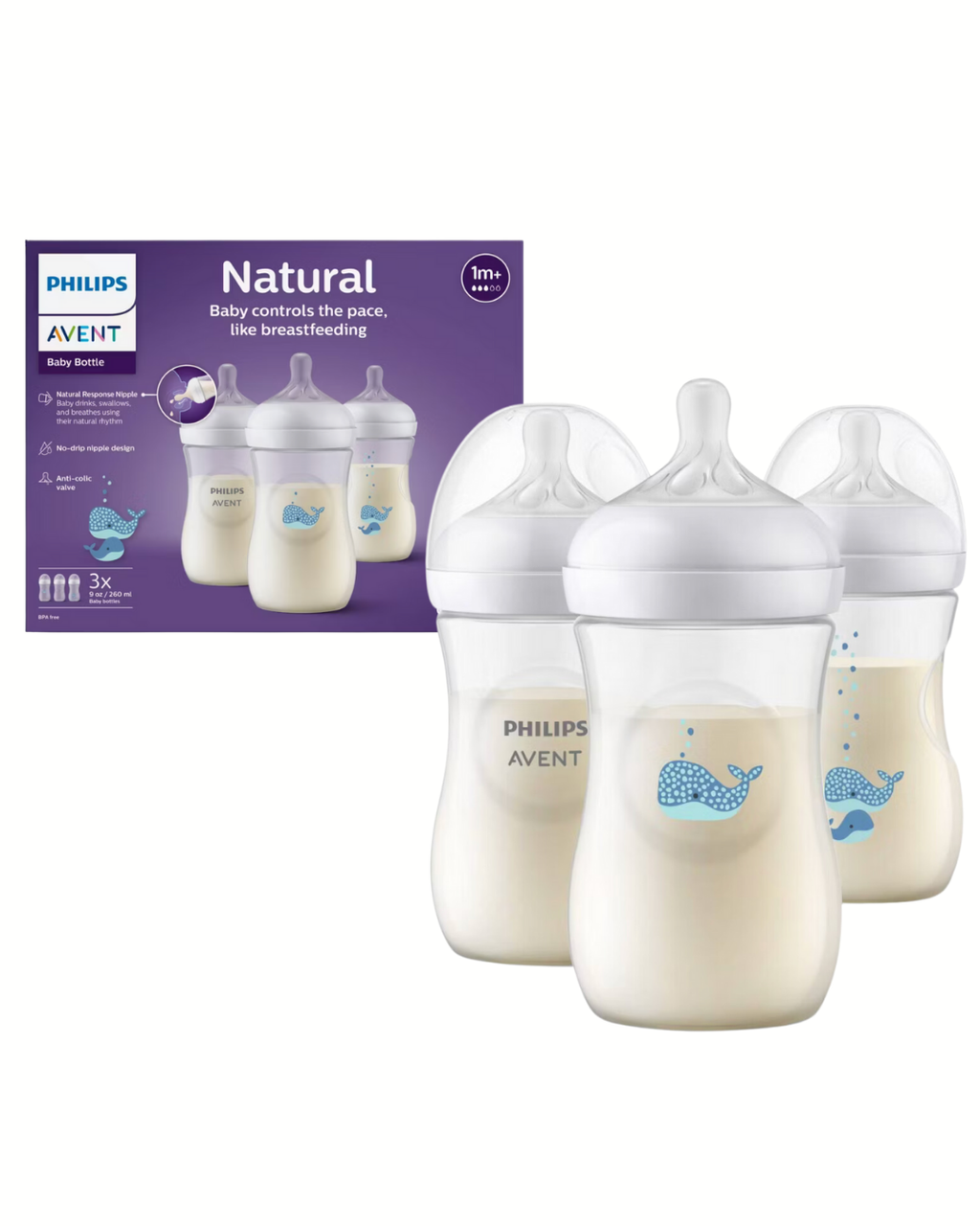 Avent Natural Reponse 3.0 Set de 3 biberones de 9 onz. con tetina no. 3, transparentes con diseño de ballena azul
