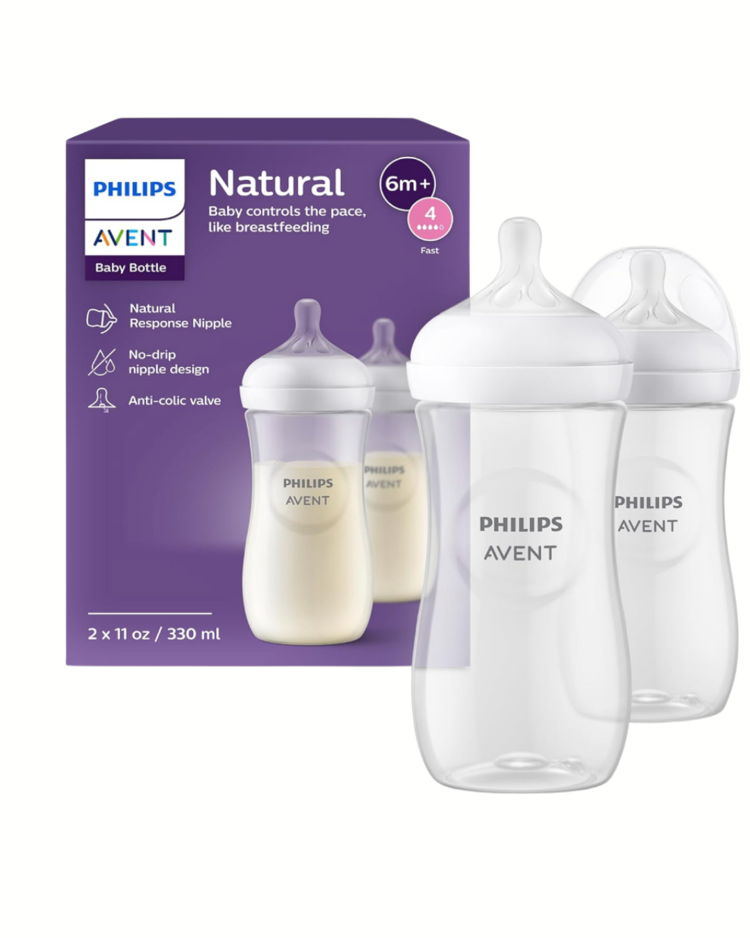 Avent Natural Reponse 3.0, duo de 11 onz. Tetina No. 4, transparentes