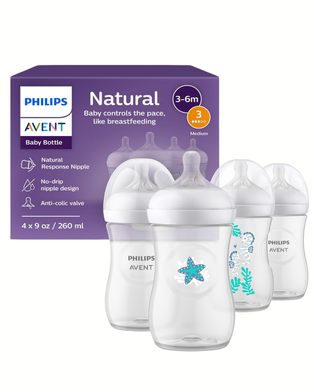 Avent Natural Reponse 3.0 Set de 4 biberones de 9 onz. con tetina no. 3, con diseño de caballito de mar y estrella de mar, paquete de 4