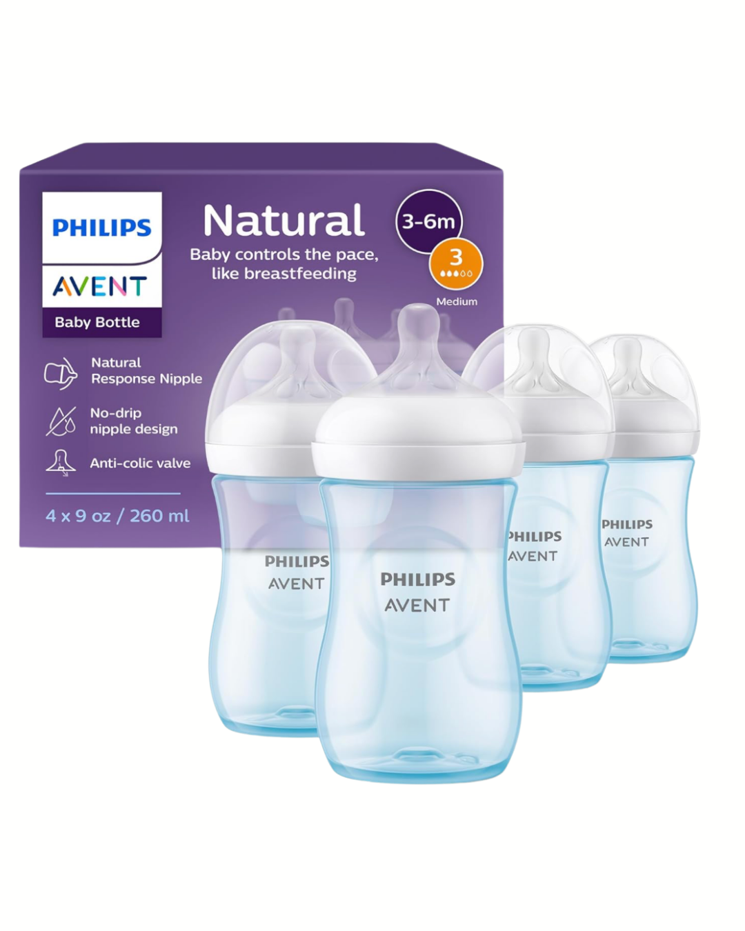 Avent Natural Reponse 3.0 Set de 4 biberones de 9 onz. con tetina no. 3, color celeste, paquete de 4