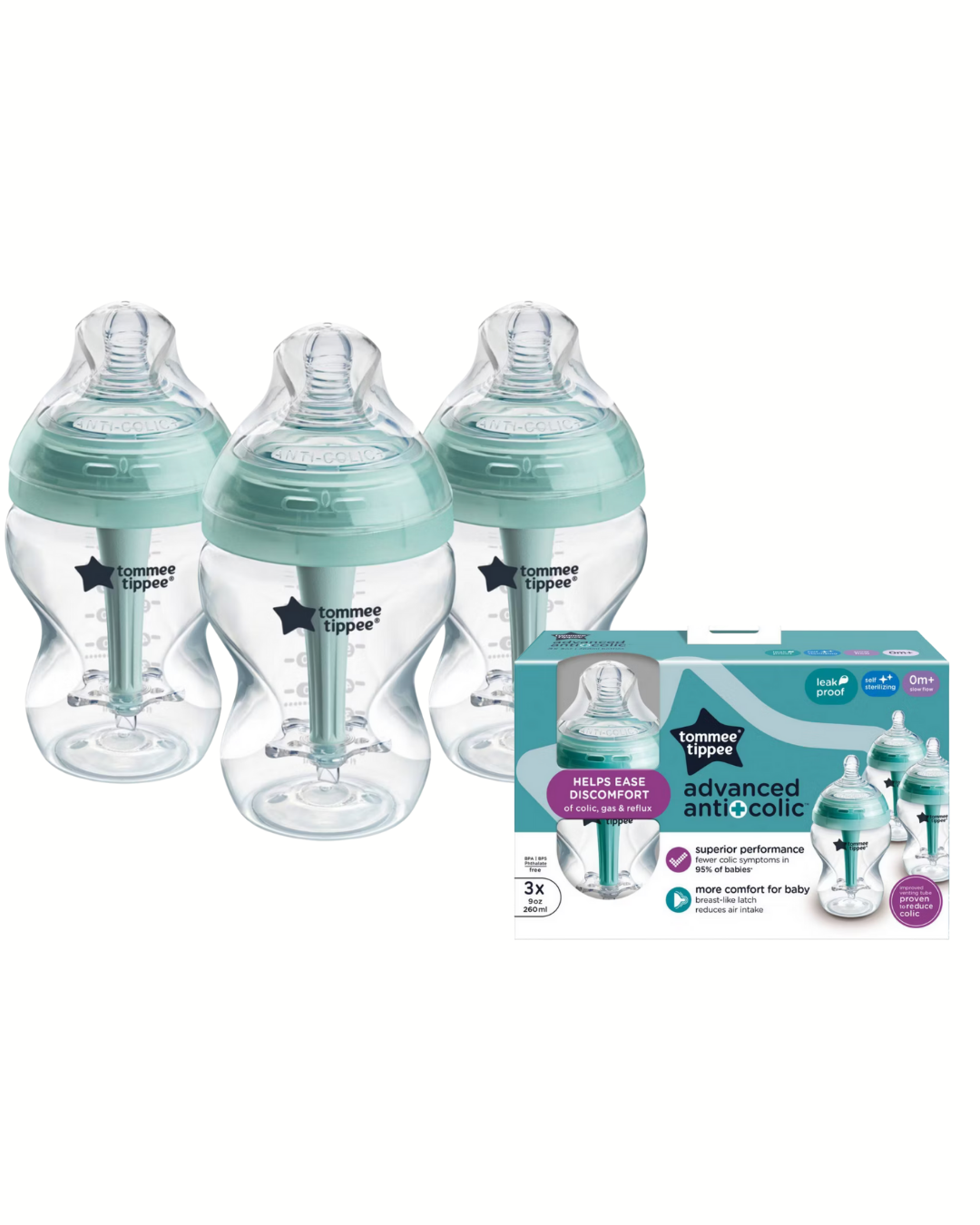 Tomme Tippee, Set de 3 biberones de 9 onz, tetina flujo lento