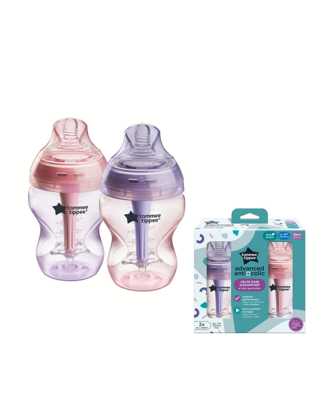 Tomme Tippee, duo biberones de 9 onz, tetina flujo lento
