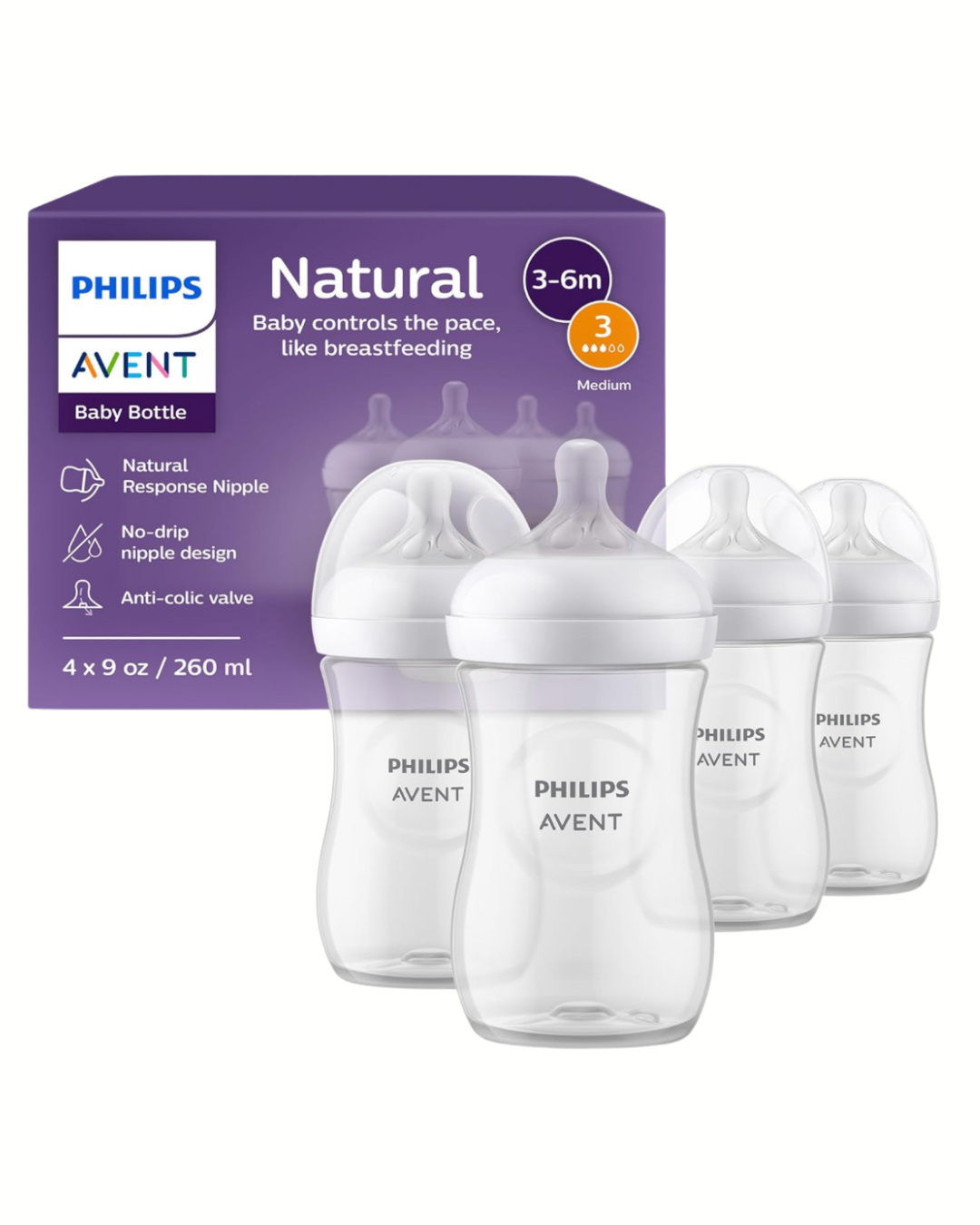 Avent Natural Reponse 3.0 Set de 4 biberones de 9 onz. con tetina no. 3, transparente, paquete de 4