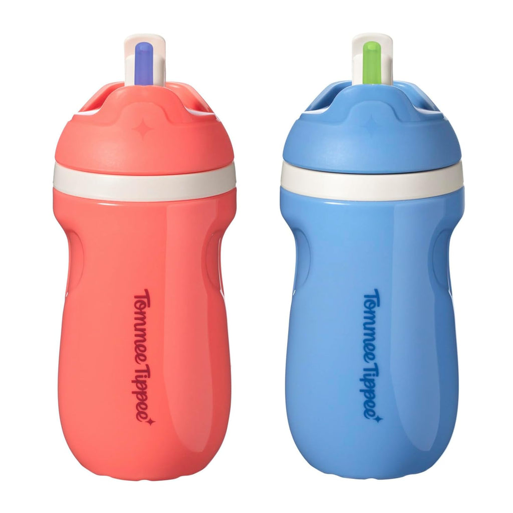 Tommee Tippee - Vaso con Pajita Deportivo Aislado a Prueba de Derrames, más de 12 meses, 9 onzas, taza para beber de entrenamiento para niños pequeños, asa de transporte deportiva, boquilla resistente, rojo y azul