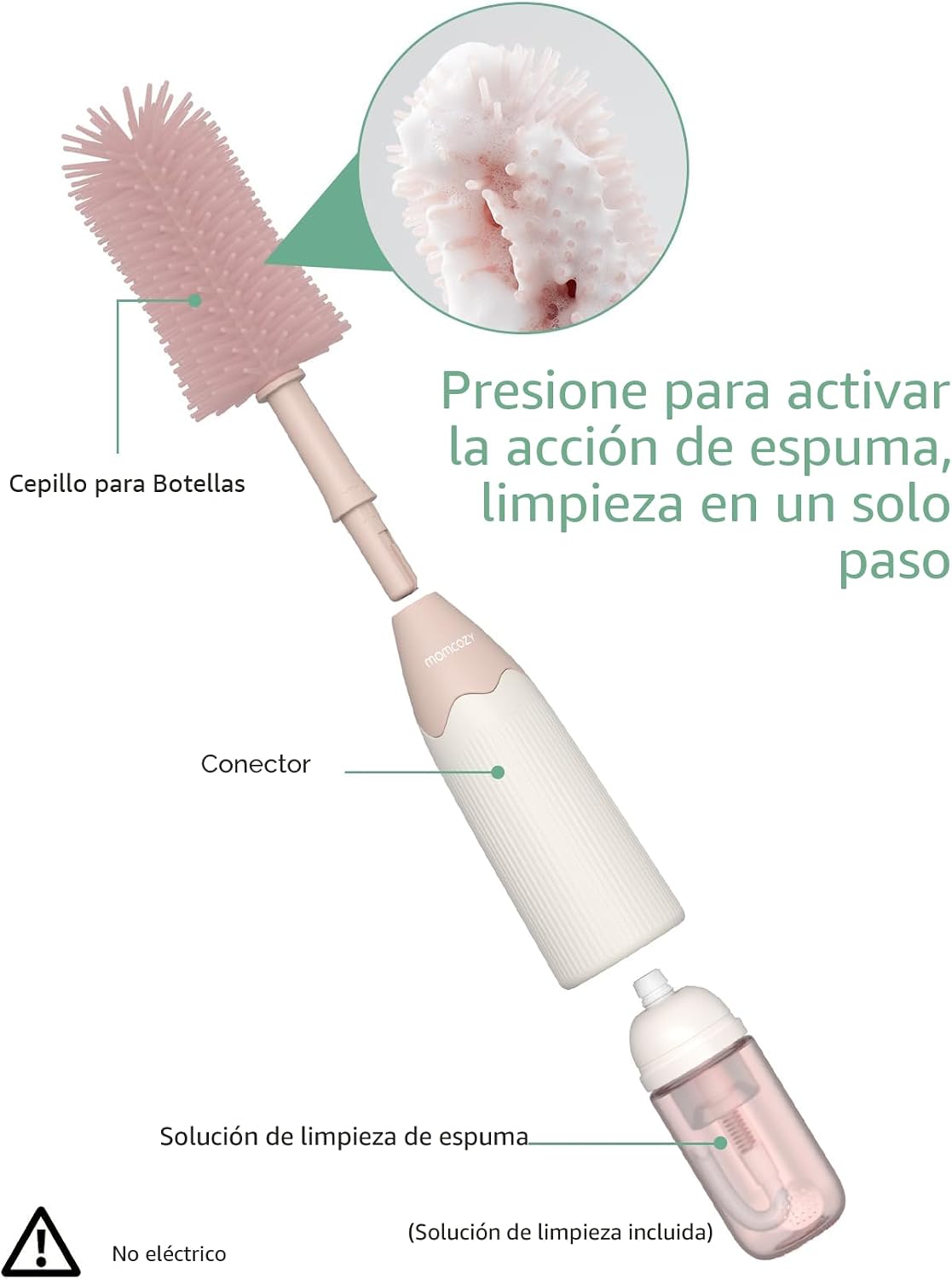 Momcozy - Kit de Cepillos para Biberón, Diseño Innovador de Presionar-Empujar para Mejor Limpieza - Cepillo Limpiador de Biberón para Biberón de Bebé, Extractores de Leche, Pezones y Más, Color Rosado
