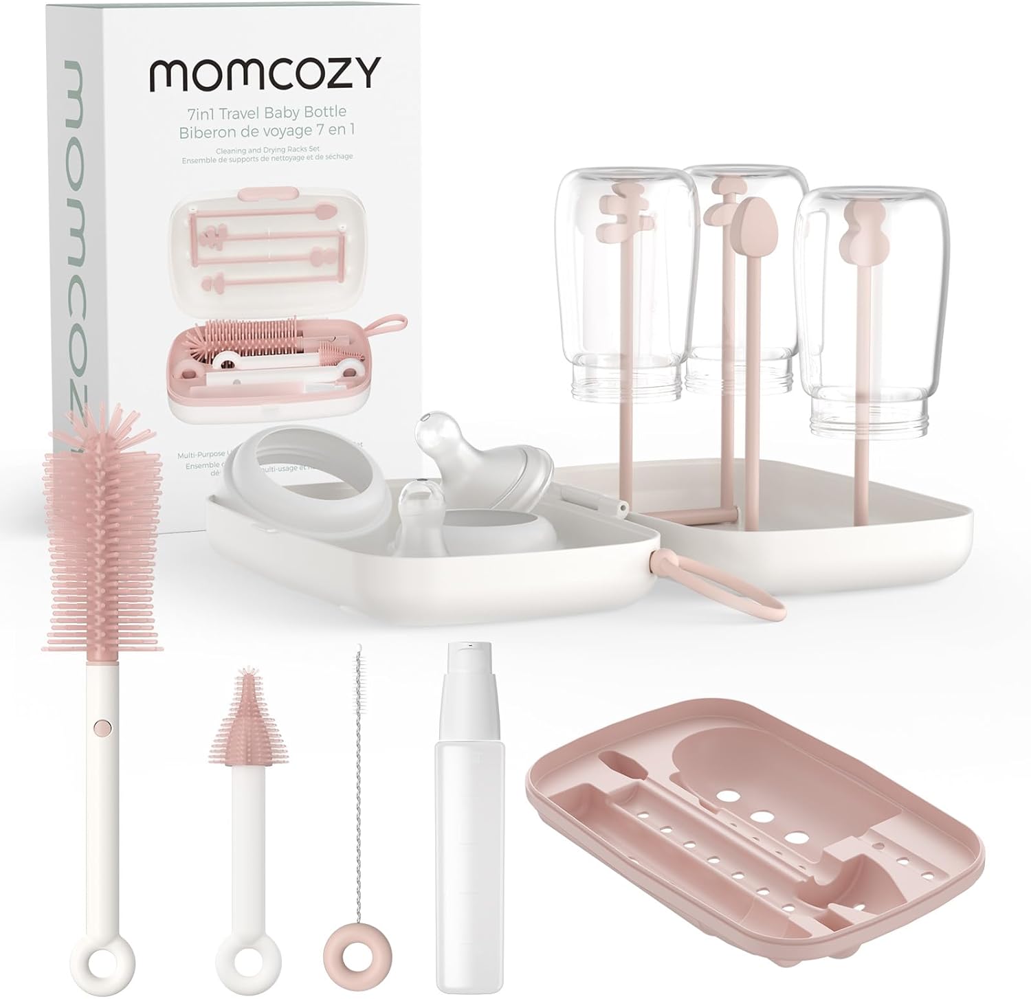 Momcozy Juego de Cepillos para Biberones, Kit Limpiador con Cepillo de Silicona para Pezón y Pajita, Dispensador de Jabón, Estante de Secado - Herramienta de Limpieza de Biberones 7 en 1 para el Hogar