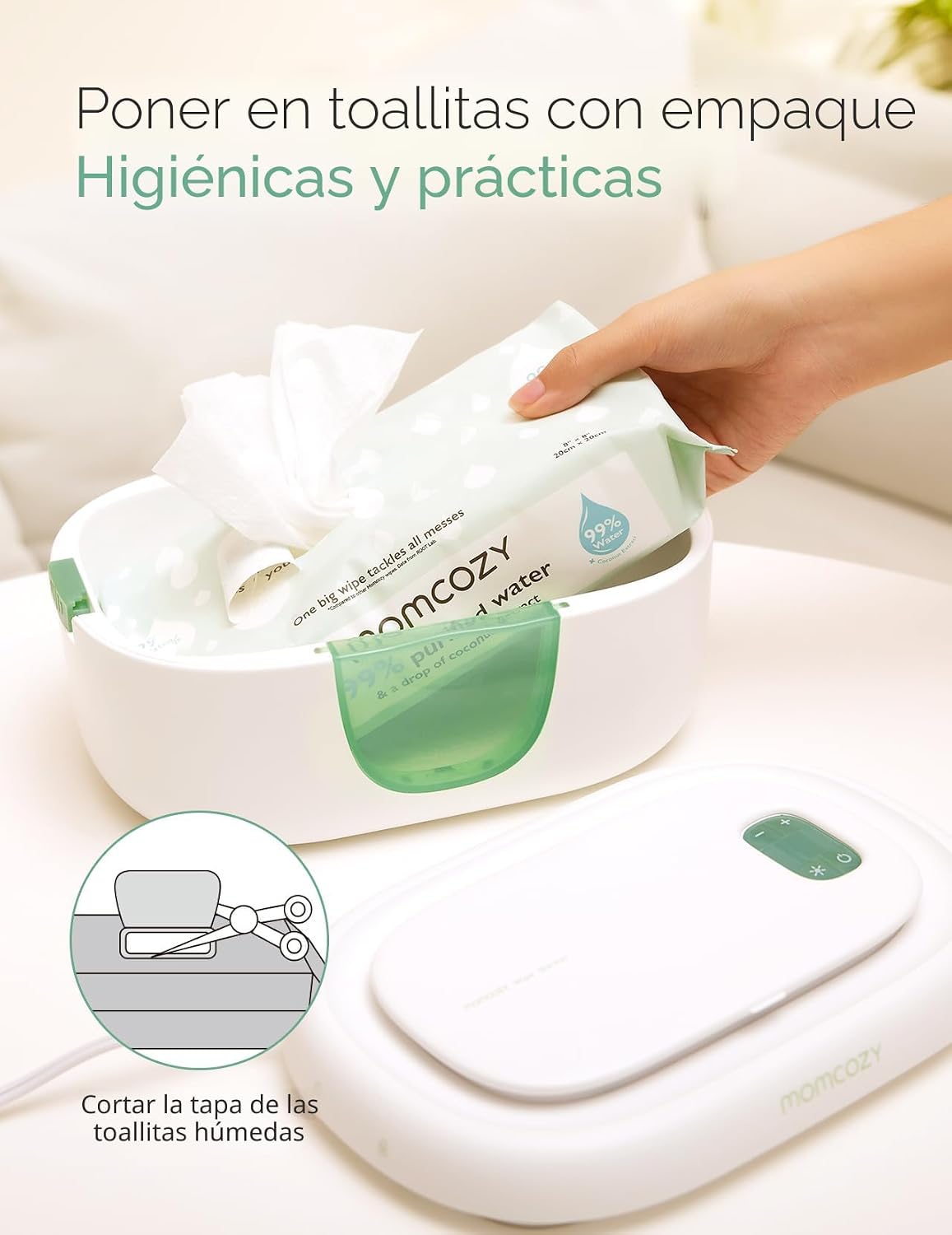 Momcozy - Calentador de toallitas para bebé,  diseño innovador de resorte, dispensador de gran capacidad, calentamiento rápido y uniforme, 4 modos de control de temperatura, con luz nocturna