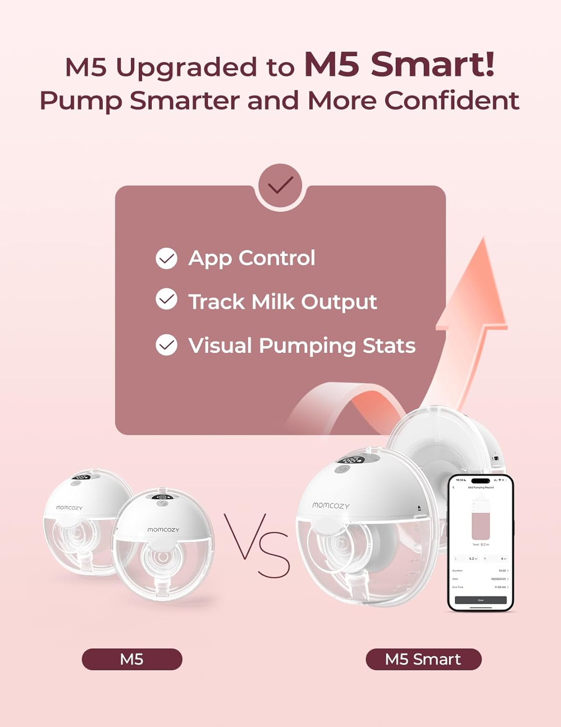 Momcozy M5 - Extractor de leche inteligente controlado por aplicación, bomba eléctrica inalámbrica manos libres, 3 modos, 9 niveles de succión, sin BPA
