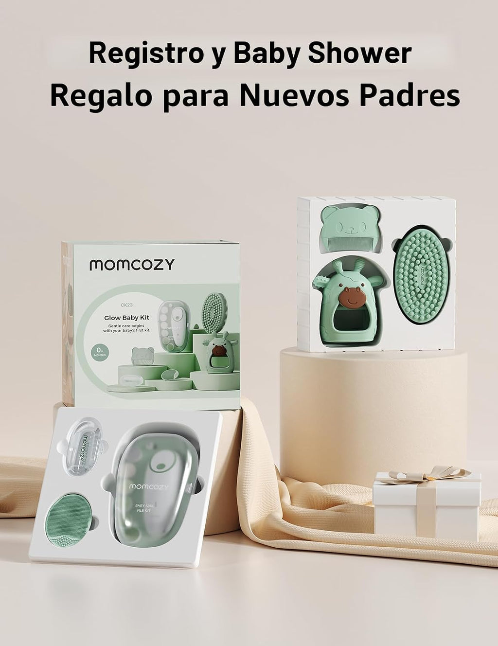 Momcozy Kit Bebé Glow, Kit Esencial para Baby Shower y Registro para Cuidado de Aseo y Limpieza, Incluye Lima de Uñas Eléctrica, Mordedor, Cepillo de Baño, Cepillo para Costra Láctea, Peine, Cepillo