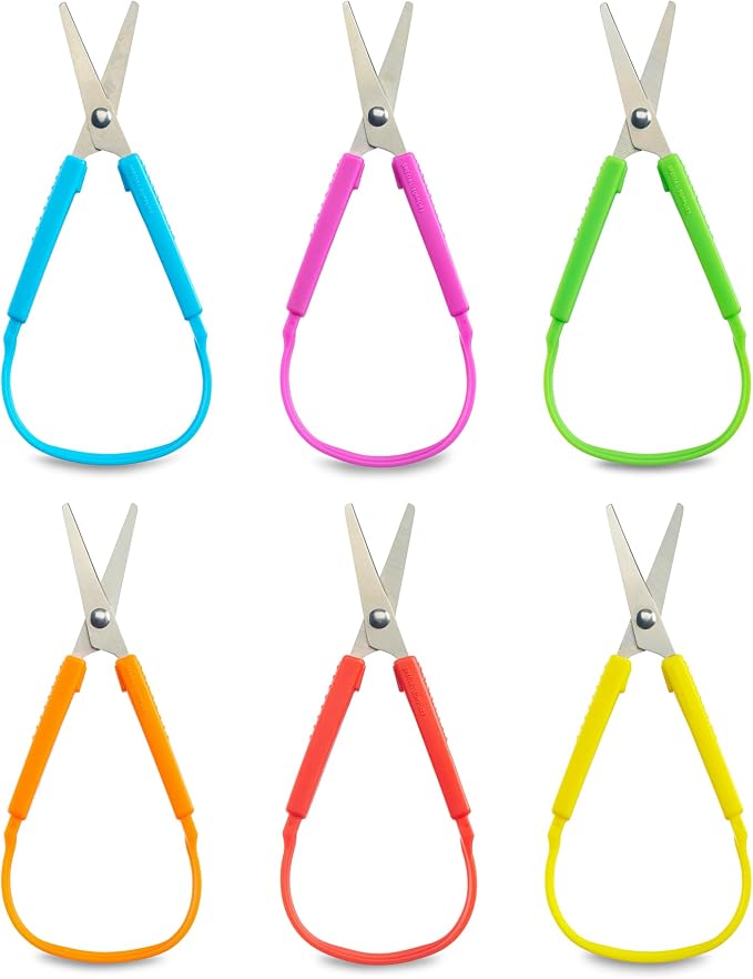 Special Supplies Mini tijeras de bucle para niños y adolescentes y 5.5 pulgadas (paquete de 6) con bucles coloridos, diseño adaptativo, soporte derecho e izquierdo, asas pequeñas y fáciles de abrir