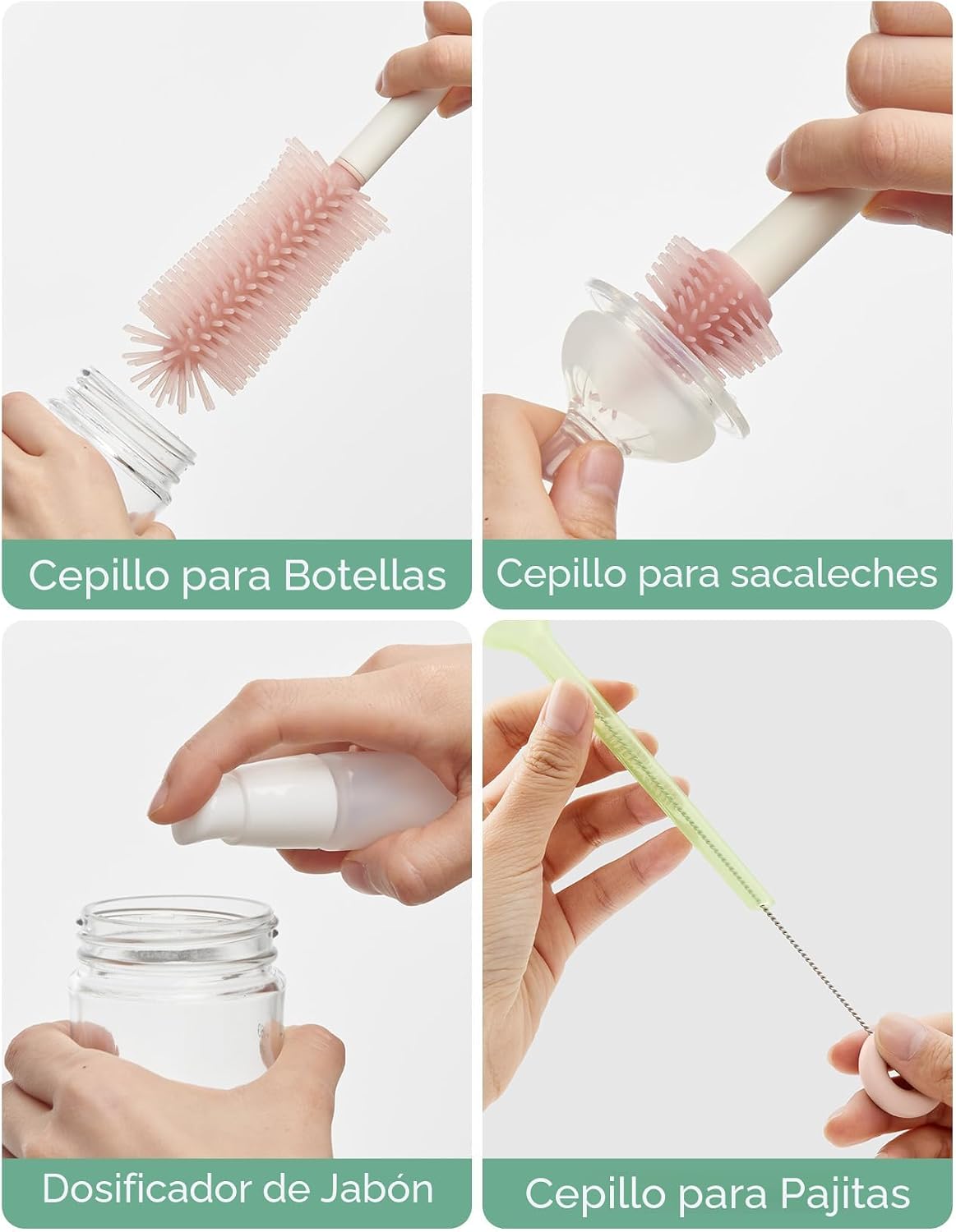 Momcozy Juego de Cepillos para Biberones, Kit Limpiador con Cepillo de Silicona para Pezón y Pajita, Dispensador de Jabón, Estante de Secado - Herramienta de Limpieza de Biberones 7 en 1 para el Hogar