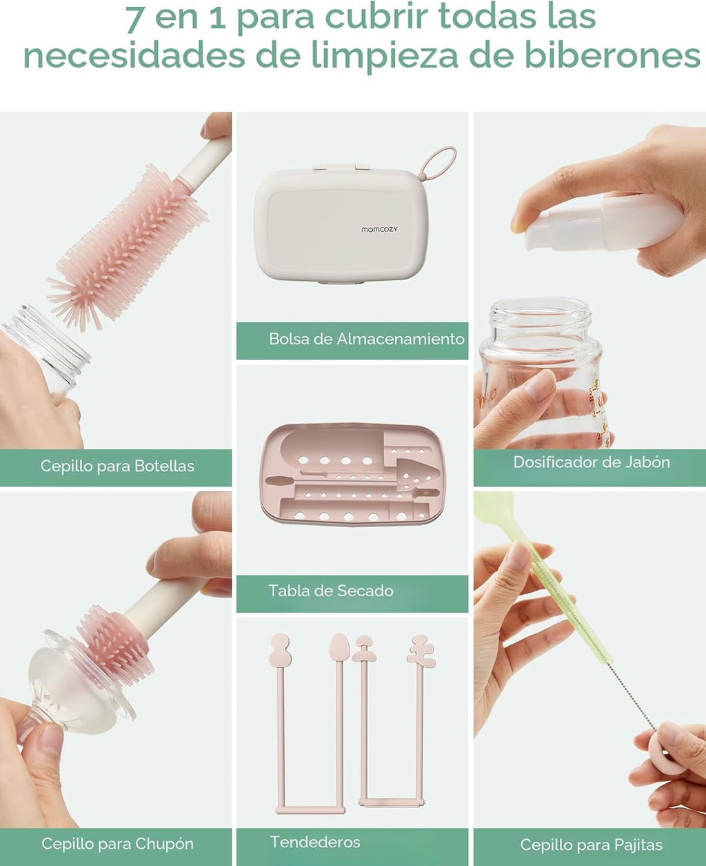 Momcozy Juego de Cepillos para Biberones, Kit Limpiador con Cepillo de Silicona para Pezón y Pajita, Dispensador de Jabón, Estante de Secado - Herramienta de Limpieza de Biberones 7 en 1 para el Hogar
