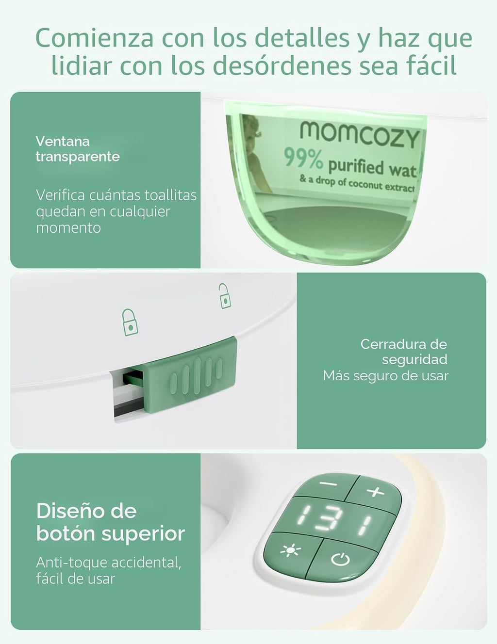 Momcozy - Calentador de toallitas para bebé,  diseño innovador de resorte, dispensador de gran capacidad, calentamiento rápido y uniforme, 4 modos de control de temperatura, con luz nocturna