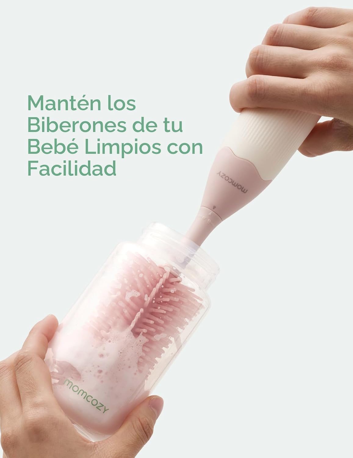Momcozy - Kit de Cepillos para Biberón, Diseño Innovador de Presionar-Empujar para Mejor Limpieza - Cepillo Limpiador de Biberón para Biberón de Bebé, Extractores de Leche, Pezones y Más, Color Rosado
