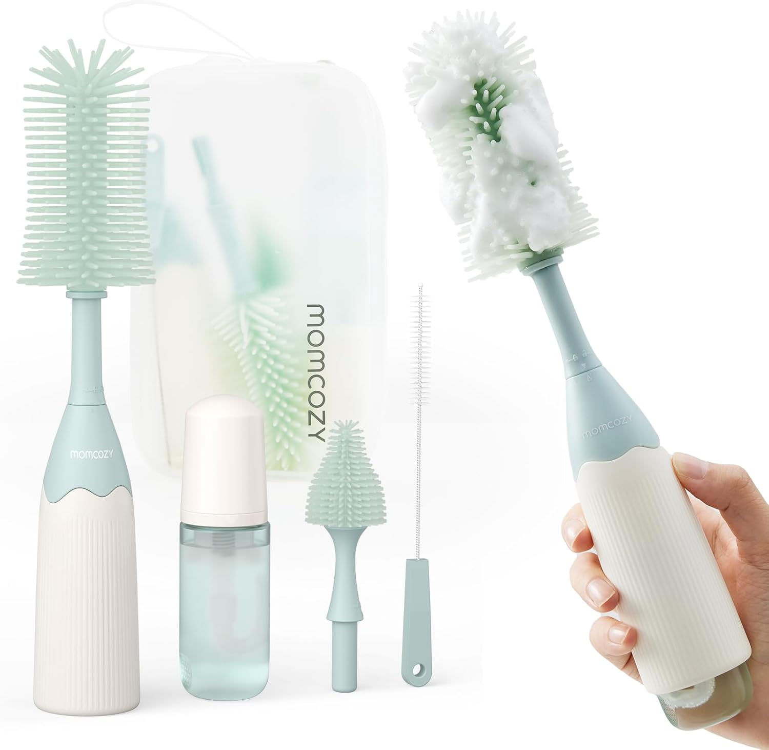 Momcozy - Kit de Cepillos para Biberón, Diseño Innovador de Presionar-Empujar para Mejor Limpieza - Cepillo Limpiador de Biberón para Biberón de Bebé, Extractores de Leche, Pezones y Más, Color Verde