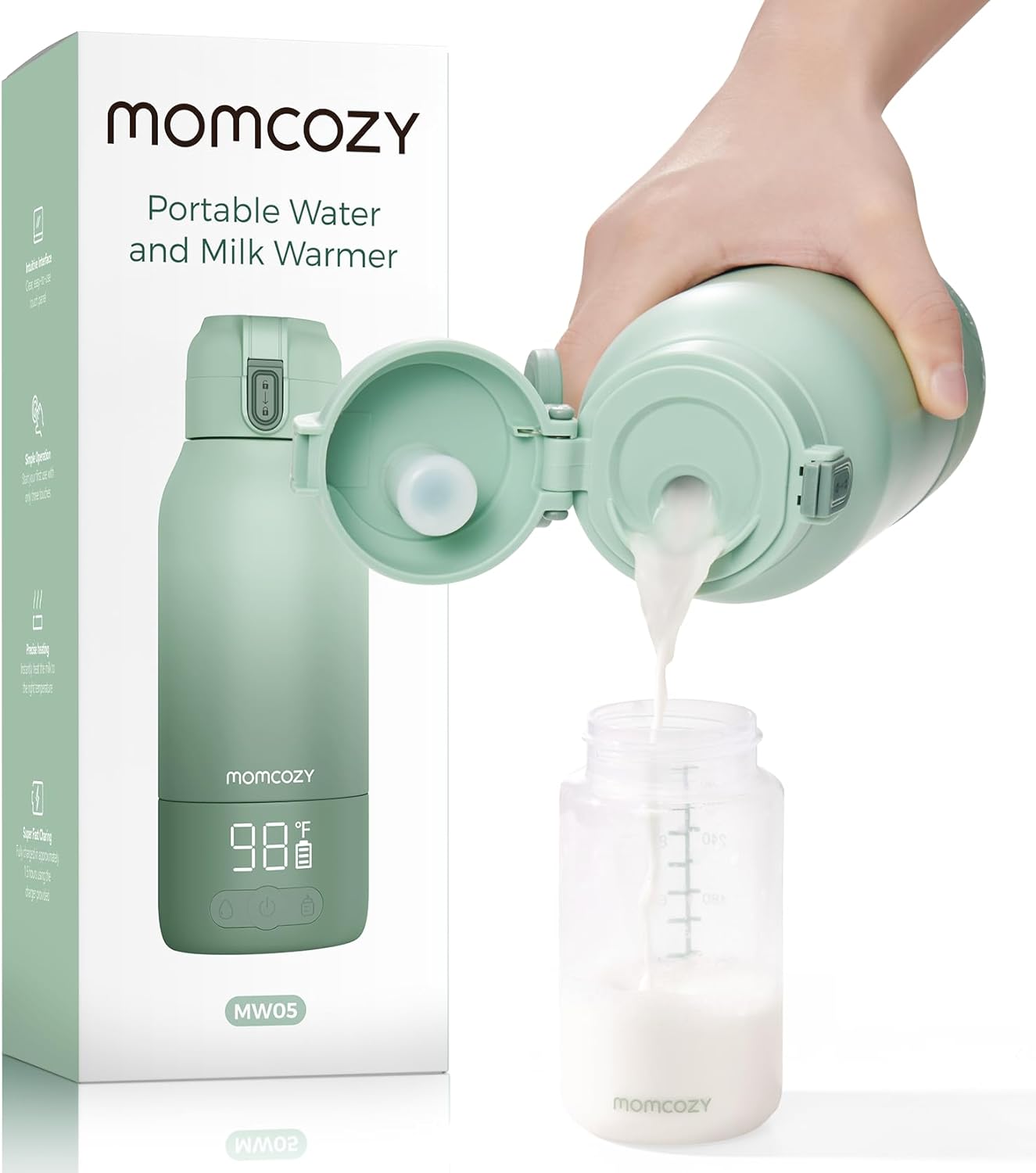 Momcozy - Calentador de leche portátil para viajes: modos de calentamiento dual para leche materna y agua, calentador de botellas portátil con calentamiento rápido y larga duración de la batería, color verde