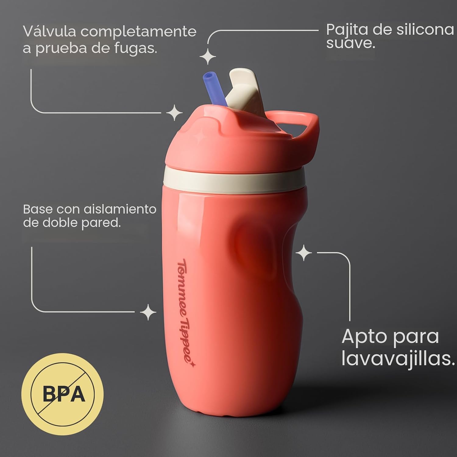Tommee Tippee - Vaso con Pajita Deportivo Aislado a Prueba de Derrames, más de 12 meses, 9 onzas, taza para beber de entrenamiento para niños pequeños, asa de transporte deportiva, boquilla resistente, color naranja y morado