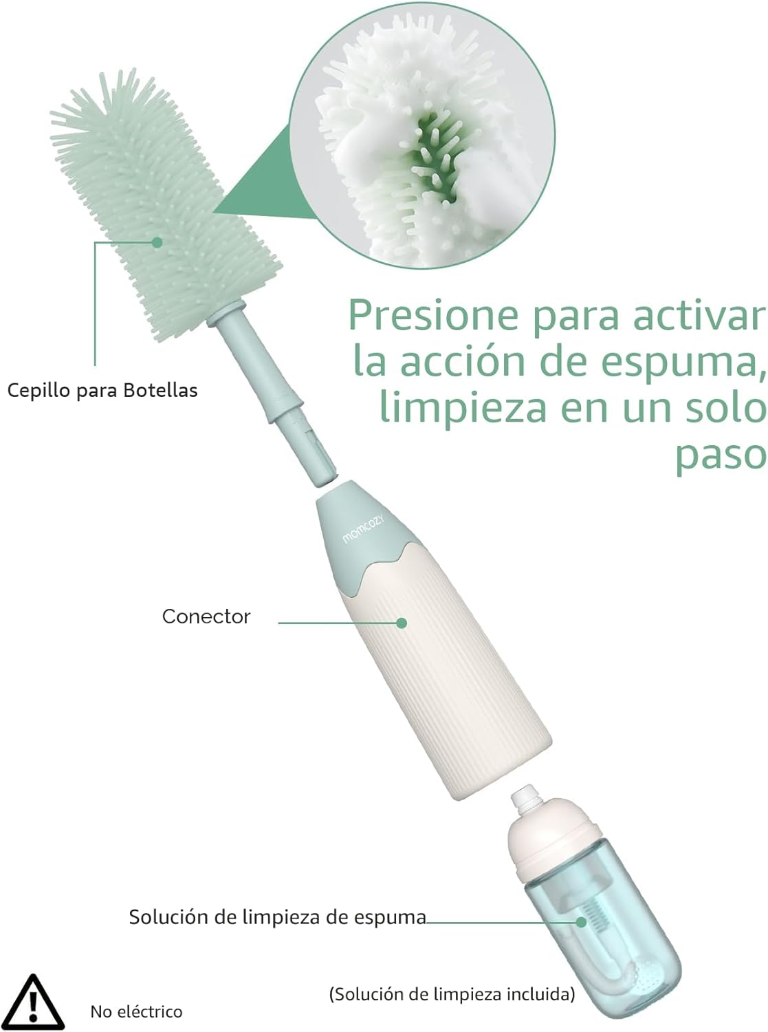 Momcozy - Kit de Cepillos para Biberón, Diseño Innovador de Presionar-Empujar para Mejor Limpieza - Cepillo Limpiador de Biberón para Biberón de Bebé, Extractores de Leche, Pezones y Más, Color Verde
