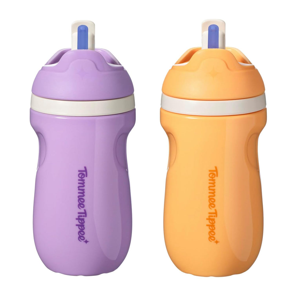 Tommee Tippee - Vaso con Pajita Deportivo Aislado a Prueba de Derrames, más de 12 meses, 9 onzas, taza para beber de entrenamiento para niños pequeños, asa de transporte deportiva, boquilla resistente, color naranja y morado