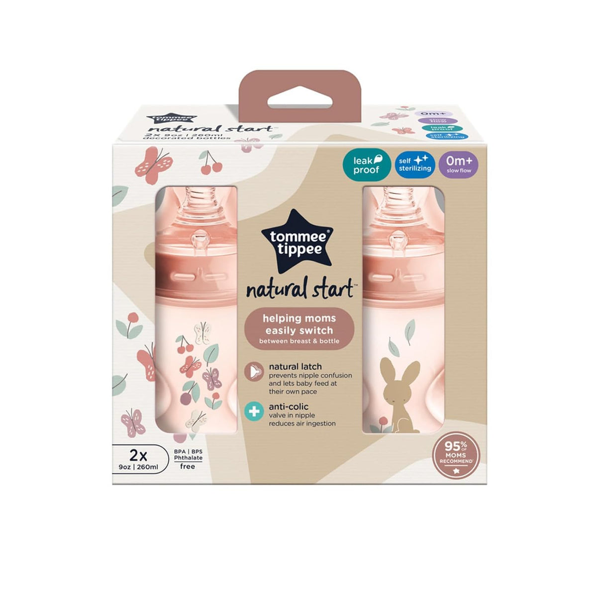 Tommee Tippee Natural Start - Biberones anticólicos de 9 onzas libres de BPA para bebés, 0+ meses, tetina de flujo lento similar al pecho