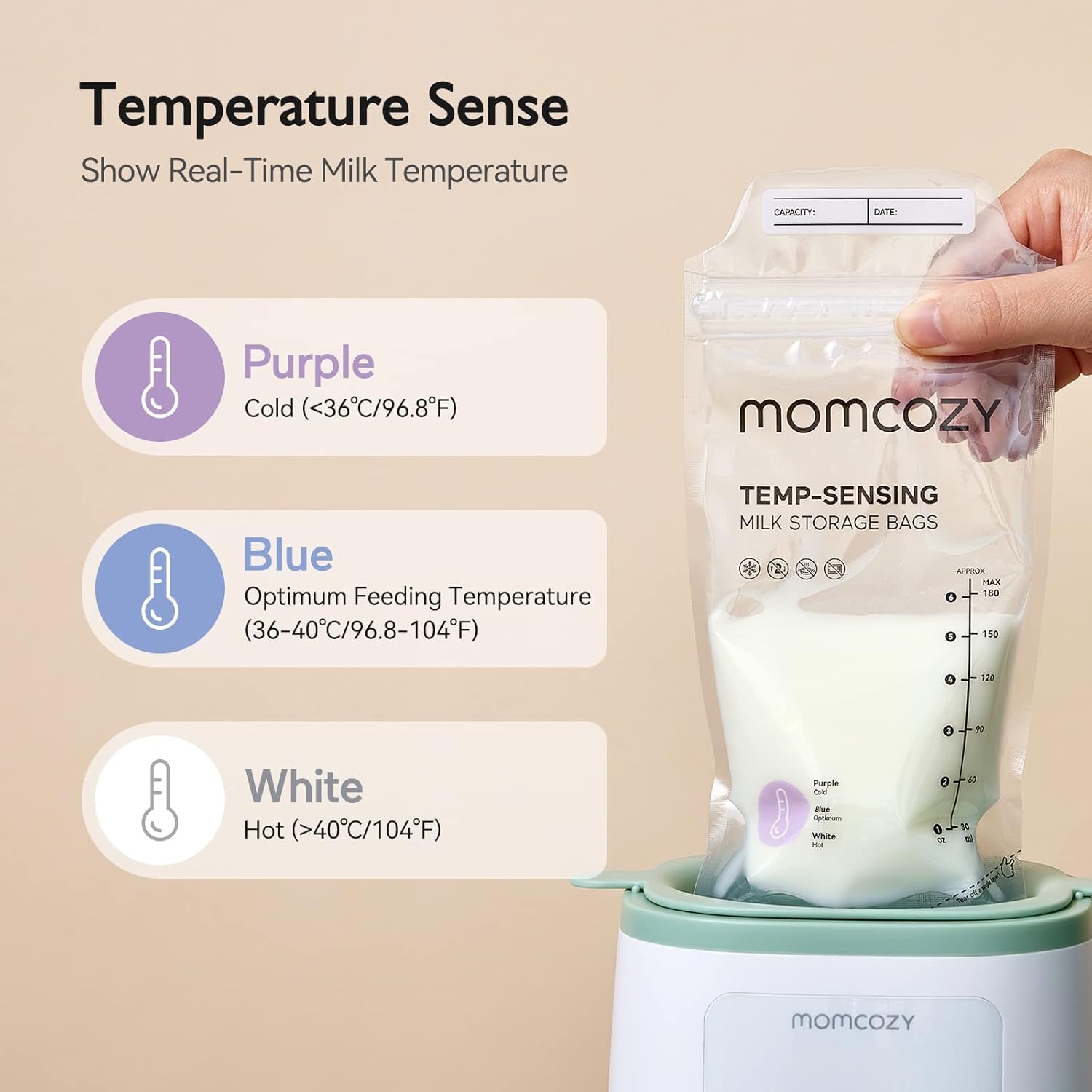Momcozy 120 Bolsas de almacenamiento de leche materna, bolsas de almacenamiento de leche con detección de temperatura para lactancia materna, bolsa de almacenamiento de leche desechable de  6 onzas