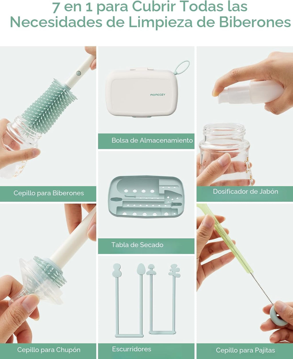 Momcozy Juego de cepillos para biberones, kit limpiador de biberones con cepillo de silicona, cepillo para pezones, cepillo para pajilla, dispensador de jabón, estante de secado, herramienta de limpieza de botellas 7 en 1 para el hogar y viajes, verde