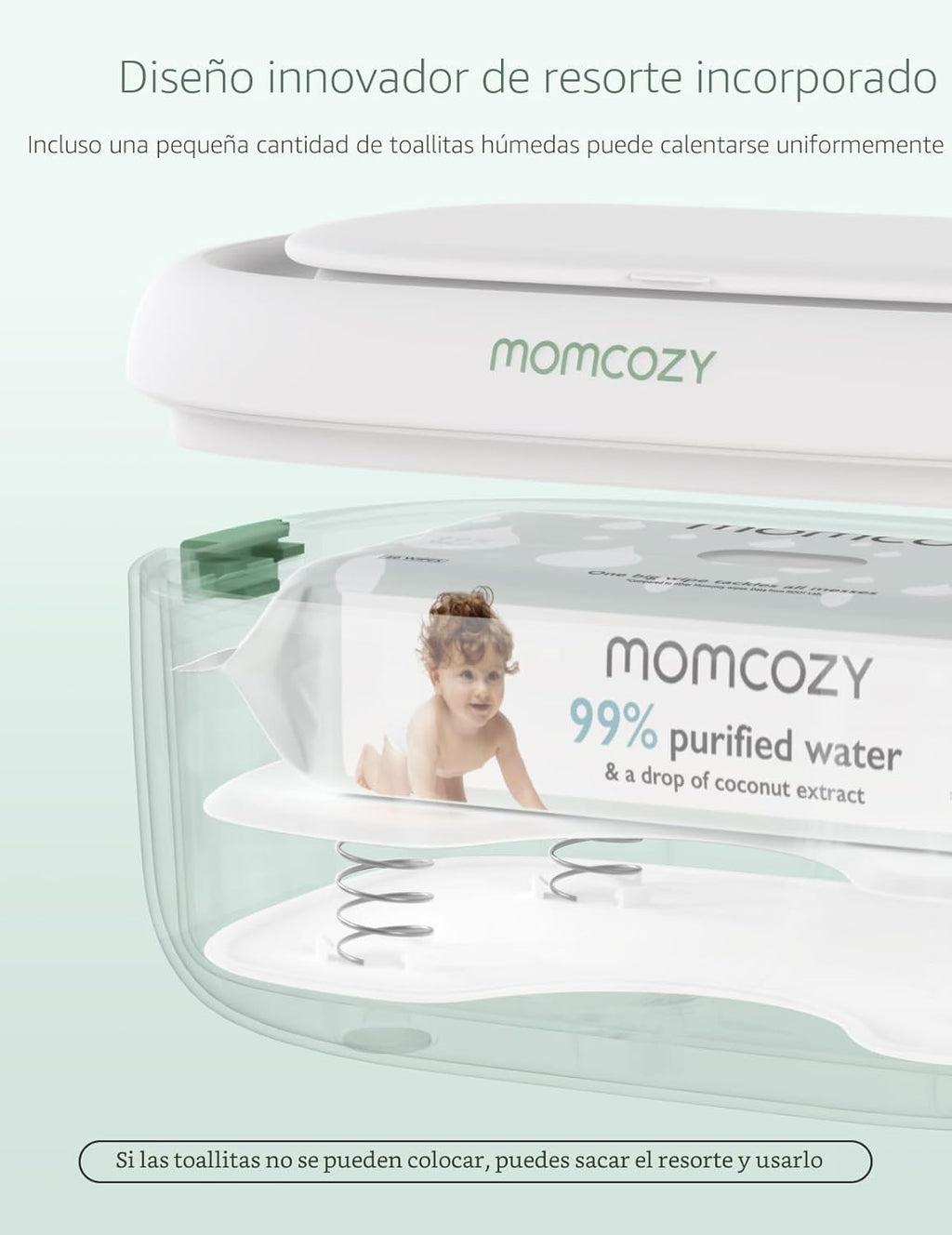 Momcozy - Calentador de toallitas para bebé,  diseño innovador de resorte, dispensador de gran capacidad, calentamiento rápido y uniforme, 4 modos de control de temperatura, con luz nocturna