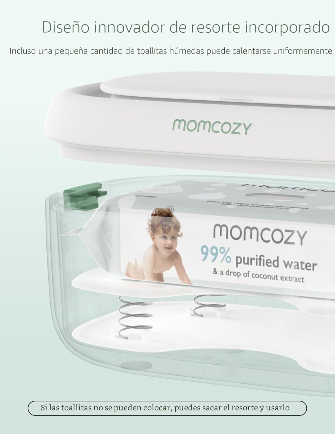 Momcozy - Calentador de toallitas para bebé,  diseño innovador de resorte, dispensador de gran capacidad, calentamiento rápido y uniforme, 4 modos de control de temperatura, con luz nocturna