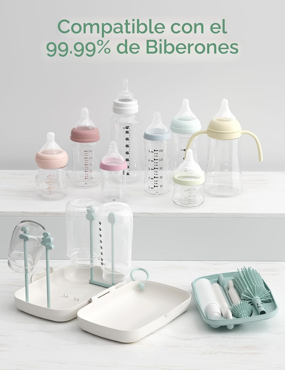 Momcozy Juego de cepillos para biberones, kit limpiador de biberones con cepillo de silicona, cepillo para pezones, cepillo para pajilla, dispensador de jabón, estante de secado, herramienta de limpieza de botellas 7 en 1 para el hogar y viajes, verde