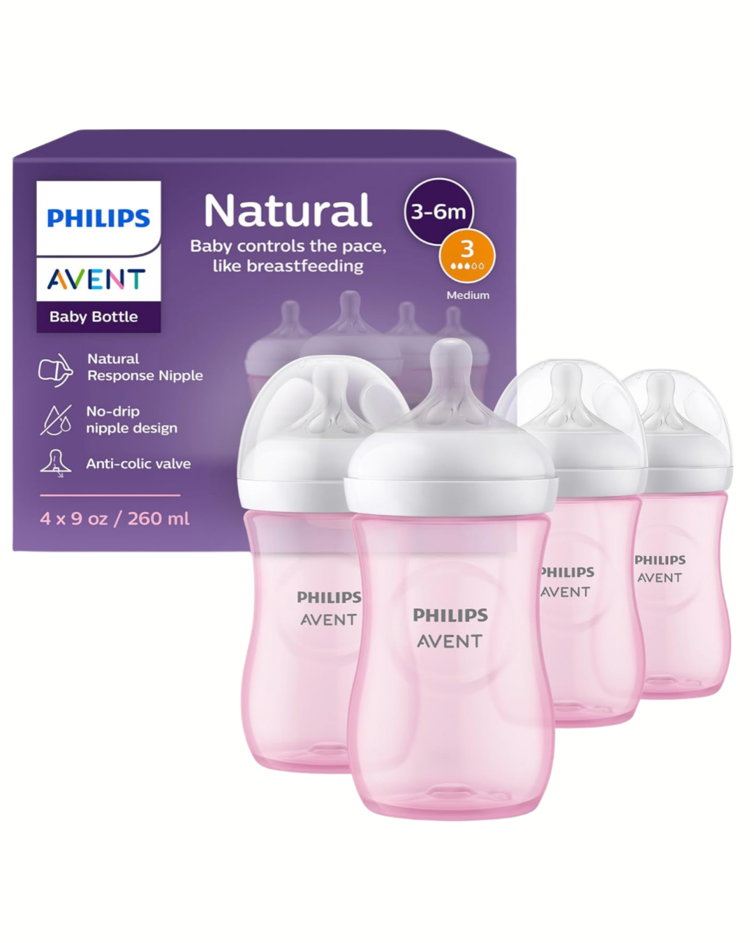 Avent Natural Reponse 3.0 Set de 4 biberones de 9 onz. con tetina no. 3, color rosado, paquete de 4