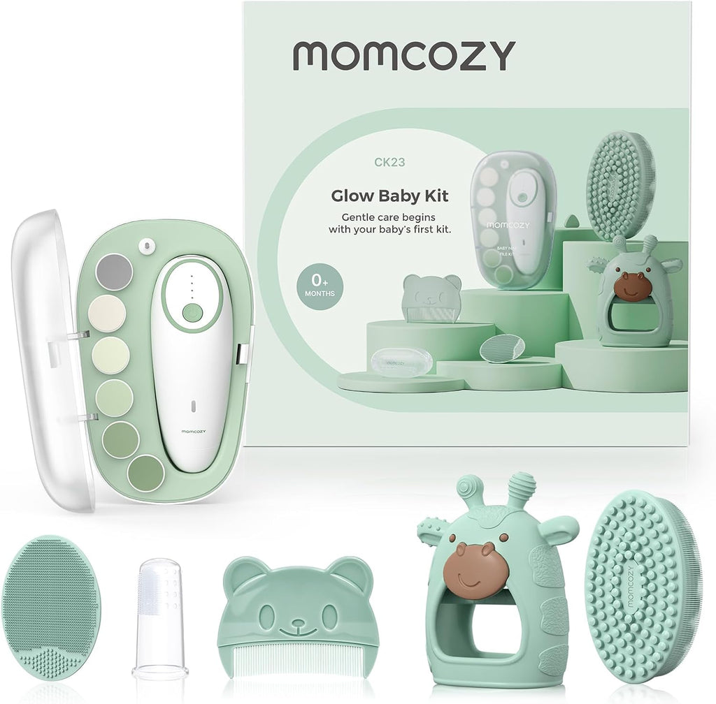 Momcozy Kit Bebé Glow, Kit Esencial para Baby Shower y Registro para Cuidado de Aseo y Limpieza, Incluye Lima de Uñas Eléctrica, Mordedor, Cepillo de Baño, Cepillo para Costra Láctea, Peine, Cepillo