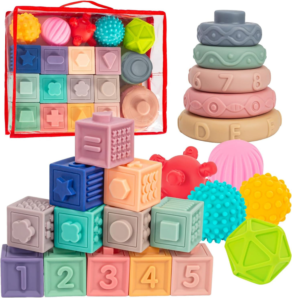 Juguetes Montessori 3 en 1 para bebés de 0-3-6-12 meses, dentición suave para bebés, bloques de construcción apilables para bebés, juguetes educativos para el desarrollo sensorial