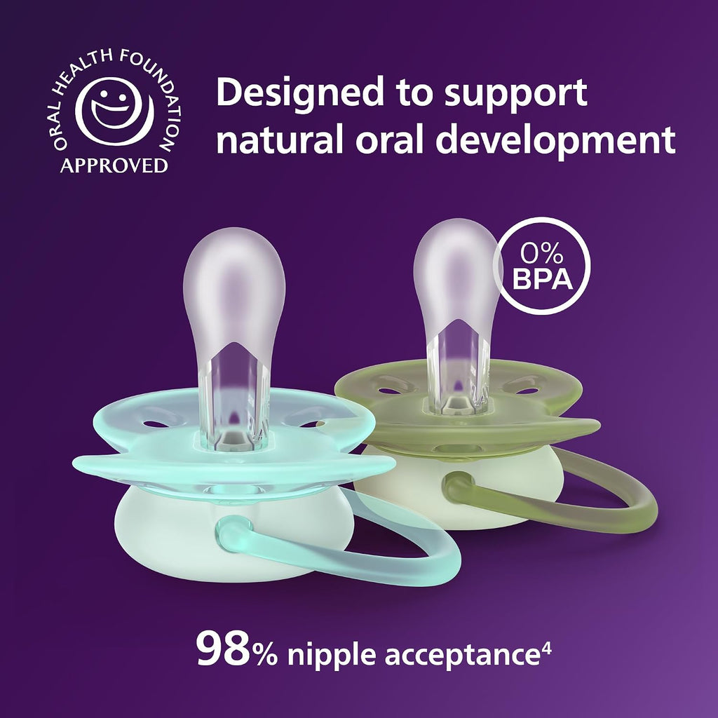Philips Avent, Duo Chupetes ultra suaves, diseño ortodóntico, para bebés de 0-6  meses, escudo flexible, pezón simétrico de silicona, sin BPA