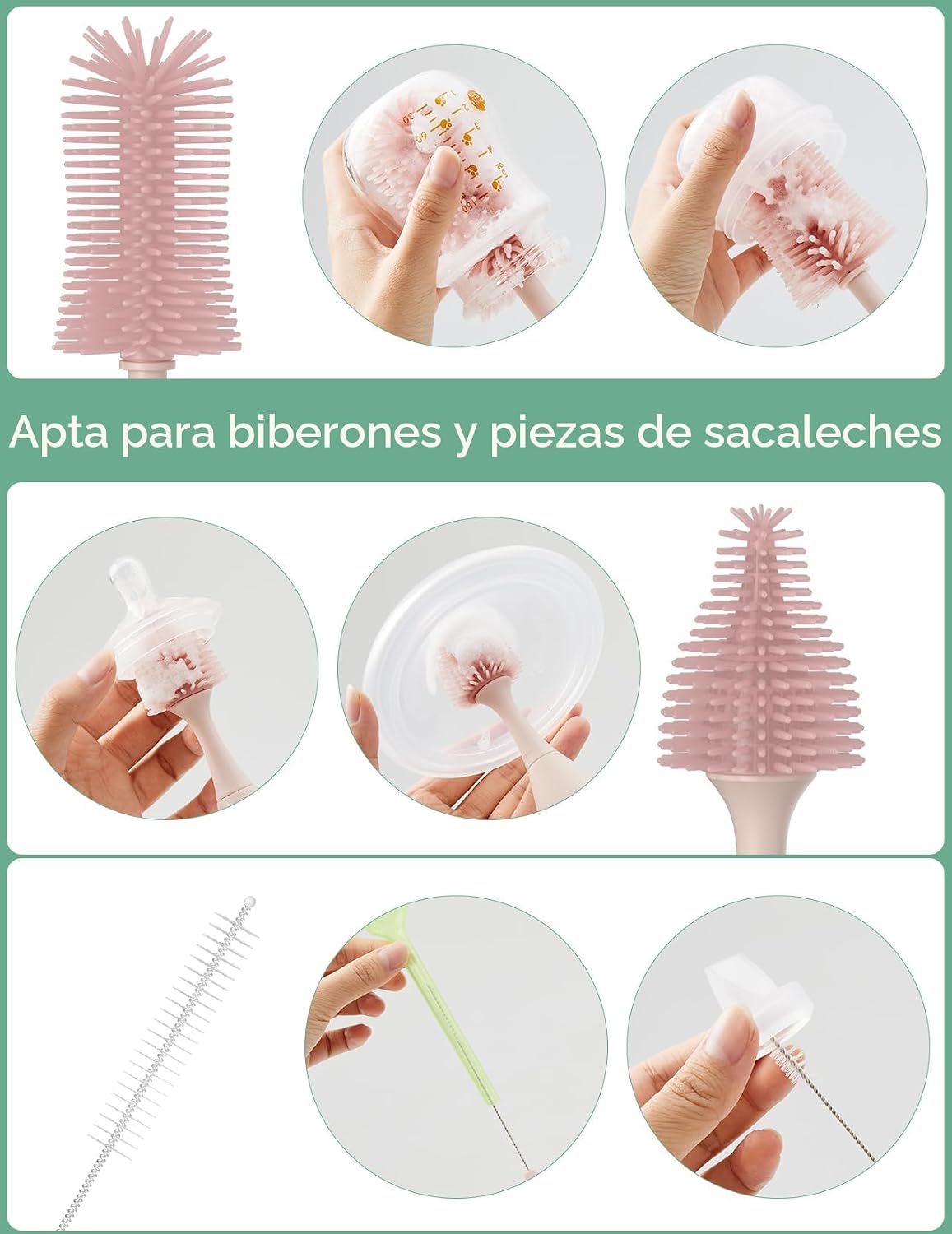 Momcozy - Kit de Cepillos para Biberón, Diseño Innovador de Presionar-Empujar para Mejor Limpieza - Cepillo Limpiador de Biberón para Biberón de Bebé, Extractores de Leche, Pezones y Más, Color Rosado