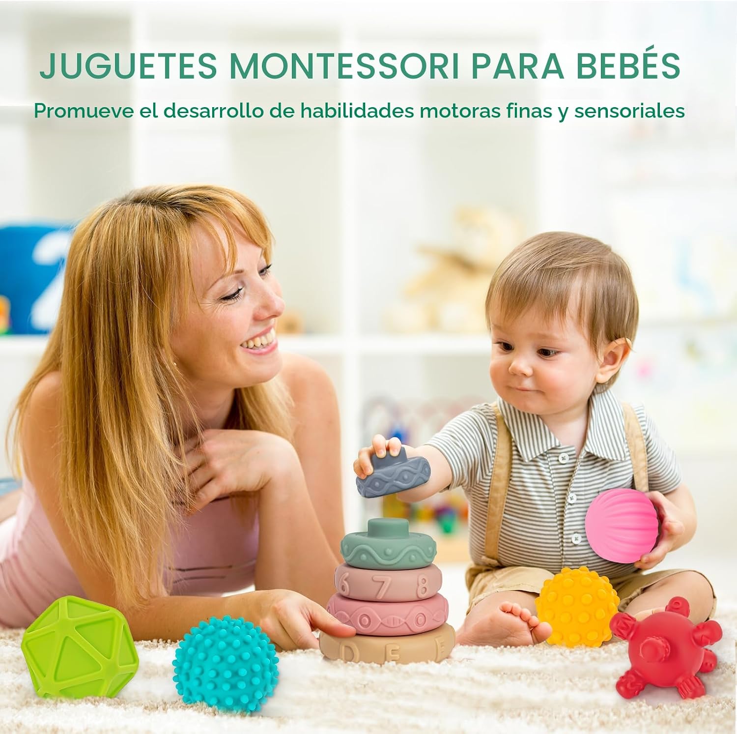 Juguetes Montessori 3 en 1 para bebés de 0-3-6-12 meses, dentición suave para bebés, bloques de construcción apilables para bebés, juguetes educativos para el desarrollo sensorial