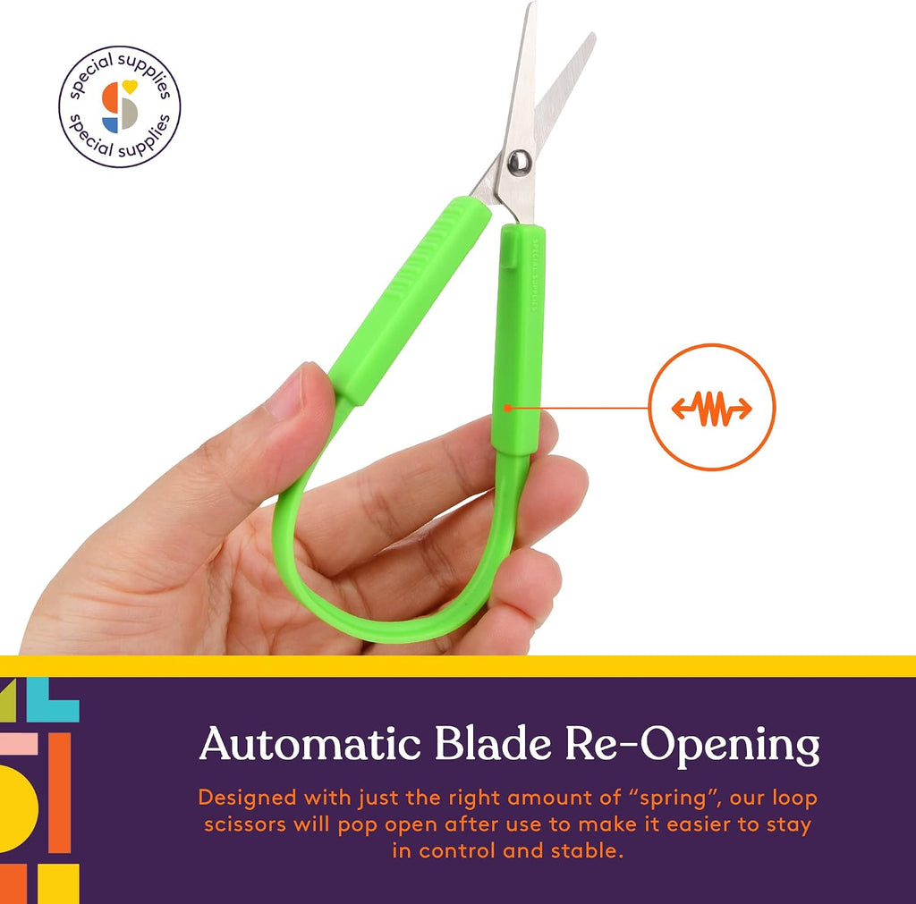 Special Supplies Mini tijeras de bucle para niños y adolescentes y 5.5 pulgadas (paquete de 6) con bucles coloridos, diseño adaptativo, soporte derecho e izquierdo, asas pequeñas y fáciles de abrir