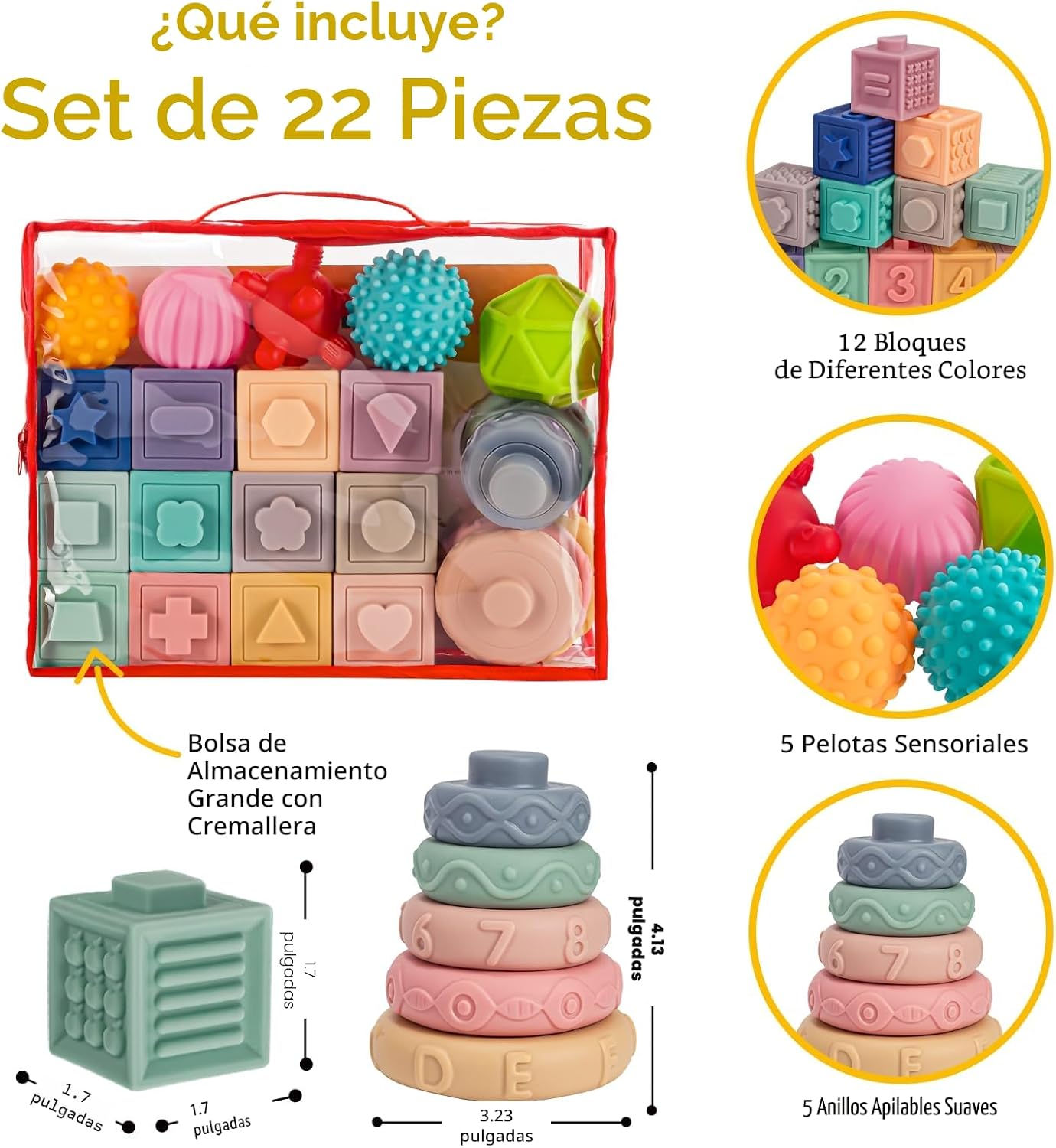 Juguetes Montessori 3 en 1 para bebés de 0-3-6-12 meses, dentición suave para bebés, bloques de construcción apilables para bebés, juguetes educativos para el desarrollo sensorial