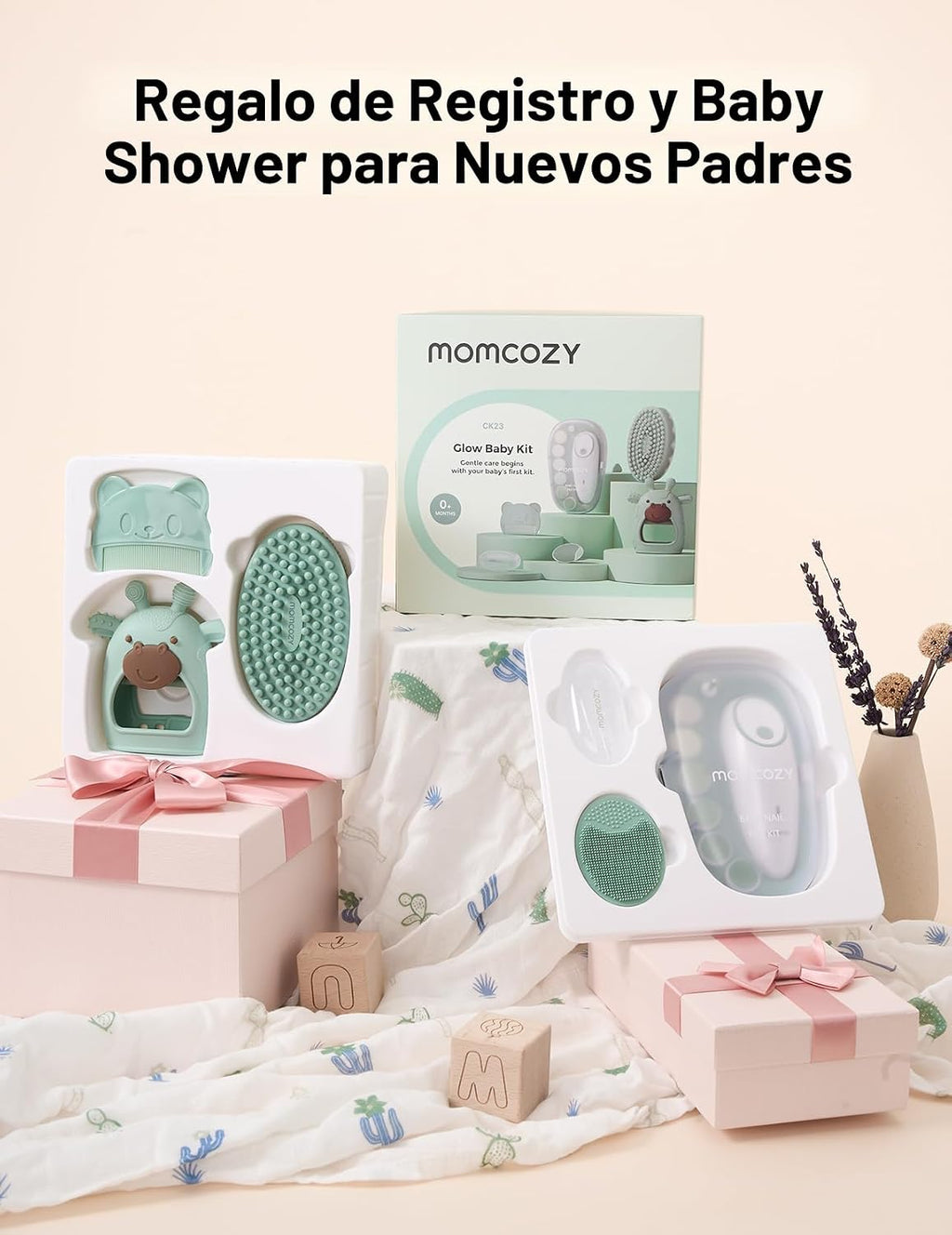 Momcozy Kit Bebé Glow, Kit Esencial para Baby Shower y Registro para Cuidado de Aseo y Limpieza, Incluye Lima de Uñas Eléctrica, Mordedor, Cepillo de Baño, Cepillo para Costra Láctea, Peine, Cepillo