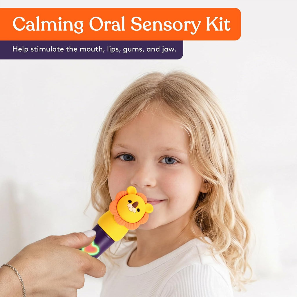 Special Supplies Buzz Pal - Kit de estimulación motora oral con cabezal intercambiable de textura suave, necesidades sensoriales tranquilas, habla de apoyo y autoalimentación, vibraciones suaves (león)