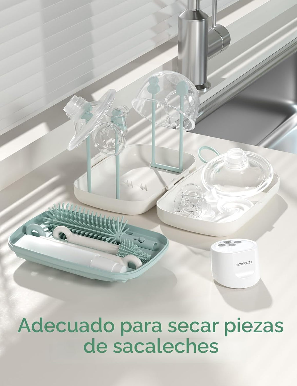 Momcozy Juego de cepillos para biberones, kit limpiador de biberones con cepillo de silicona, cepillo para pezones, cepillo para pajilla, dispensador de jabón, estante de secado, herramienta de limpieza de botellas 7 en 1 para el hogar y viajes, verde
