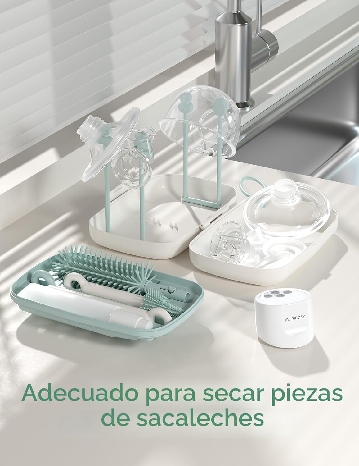 Momcozy Juego de cepillos para biberones, kit limpiador de biberones con cepillo de silicona, cepillo para pezones, cepillo para pajilla, dispensador de jabón, estante de secado, herramienta de limpieza de botellas 7 en 1 para el hogar y viajes, verde