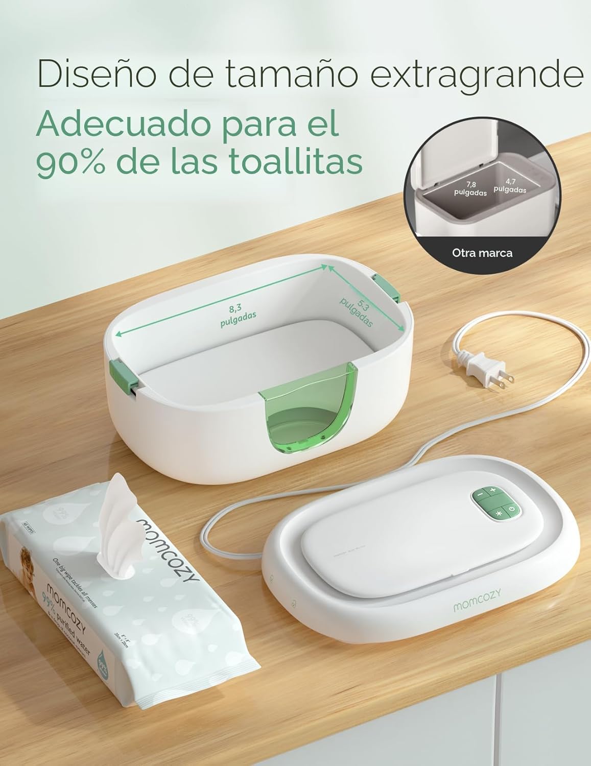 Momcozy - Calentador de toallitas para bebé,  diseño innovador de resorte, dispensador de gran capacidad, calentamiento rápido y uniforme, 4 modos de control de temperatura, con luz nocturna