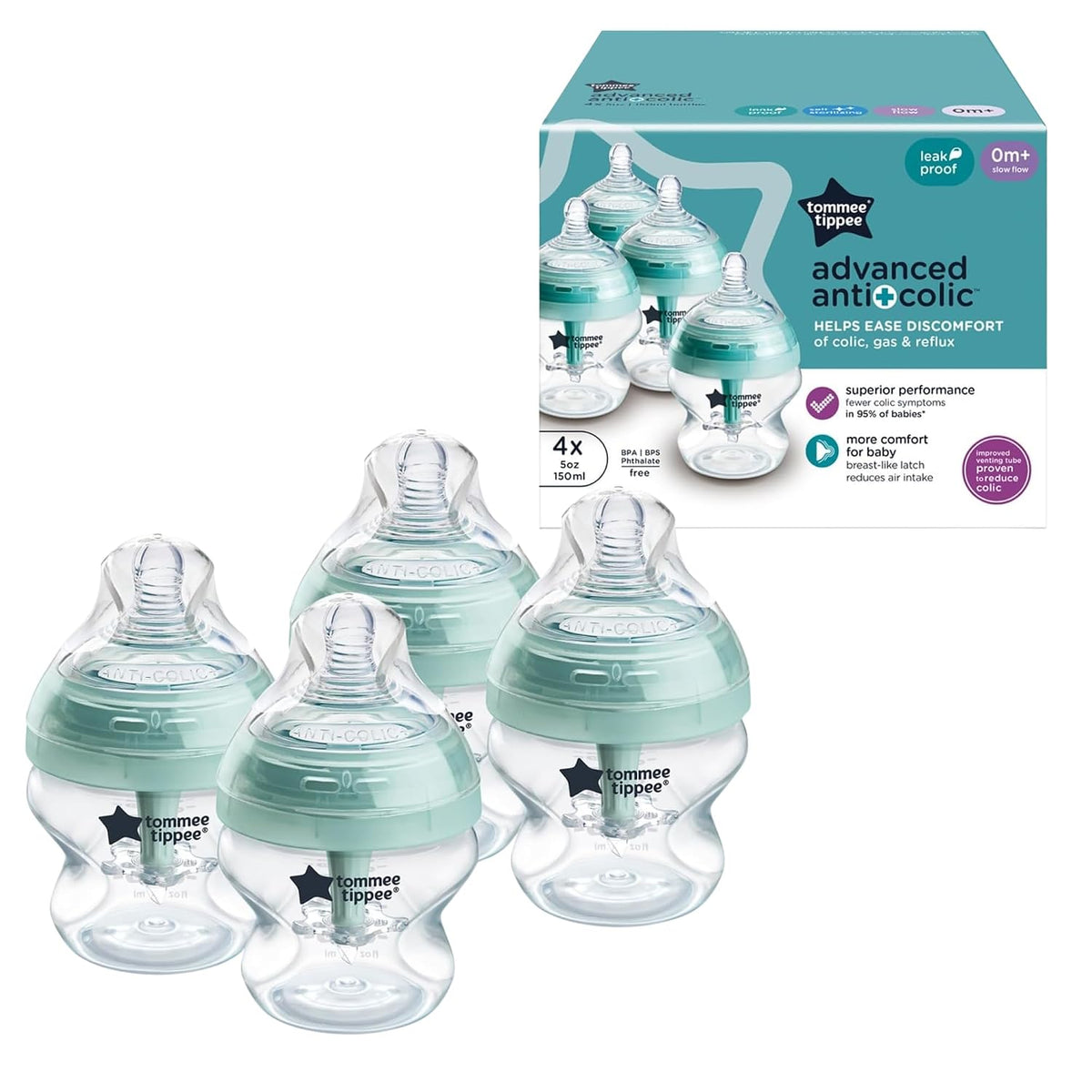 Tommee Tippee - Anti-Colic - Biberones anticólicos de 5 onzas libres de BPA para bebés, 0+ meses, tetina de flujo lento similar al pecho